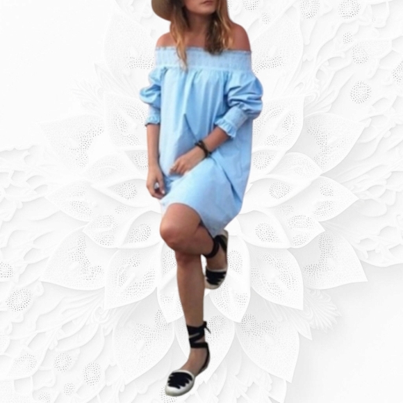 Zara 100% Cotton Off Shoulder Blue Mini Tunic Dress Size XS - Picture 6 of 8